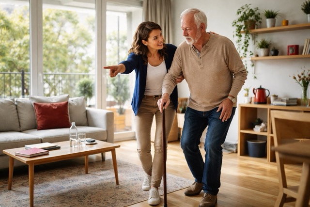 Opiekunka i senior przy stole, domowa atmosfera i spokojna rozmowa
